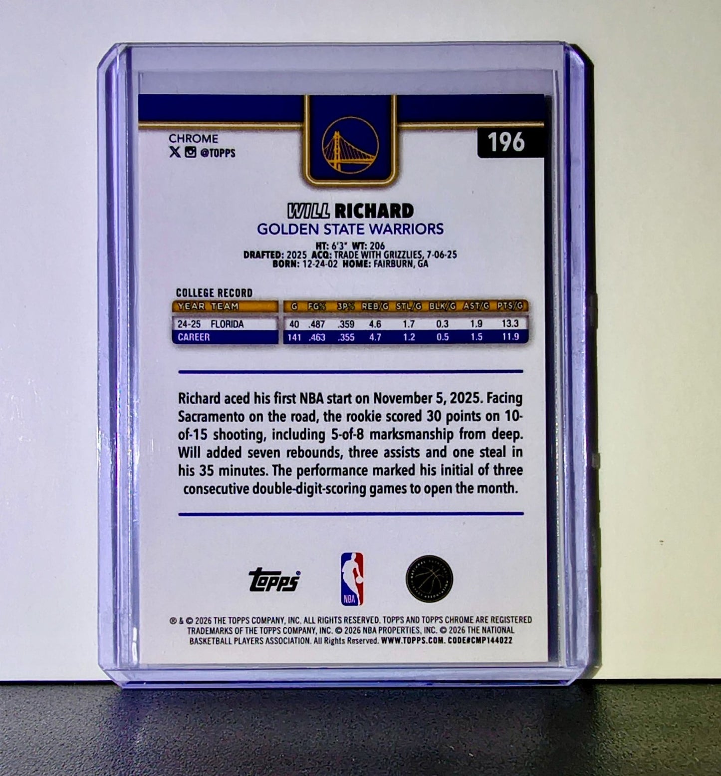 Will Richard Rookie 2025-26 NBA Topps Chrome Update #196 Card State Warriors