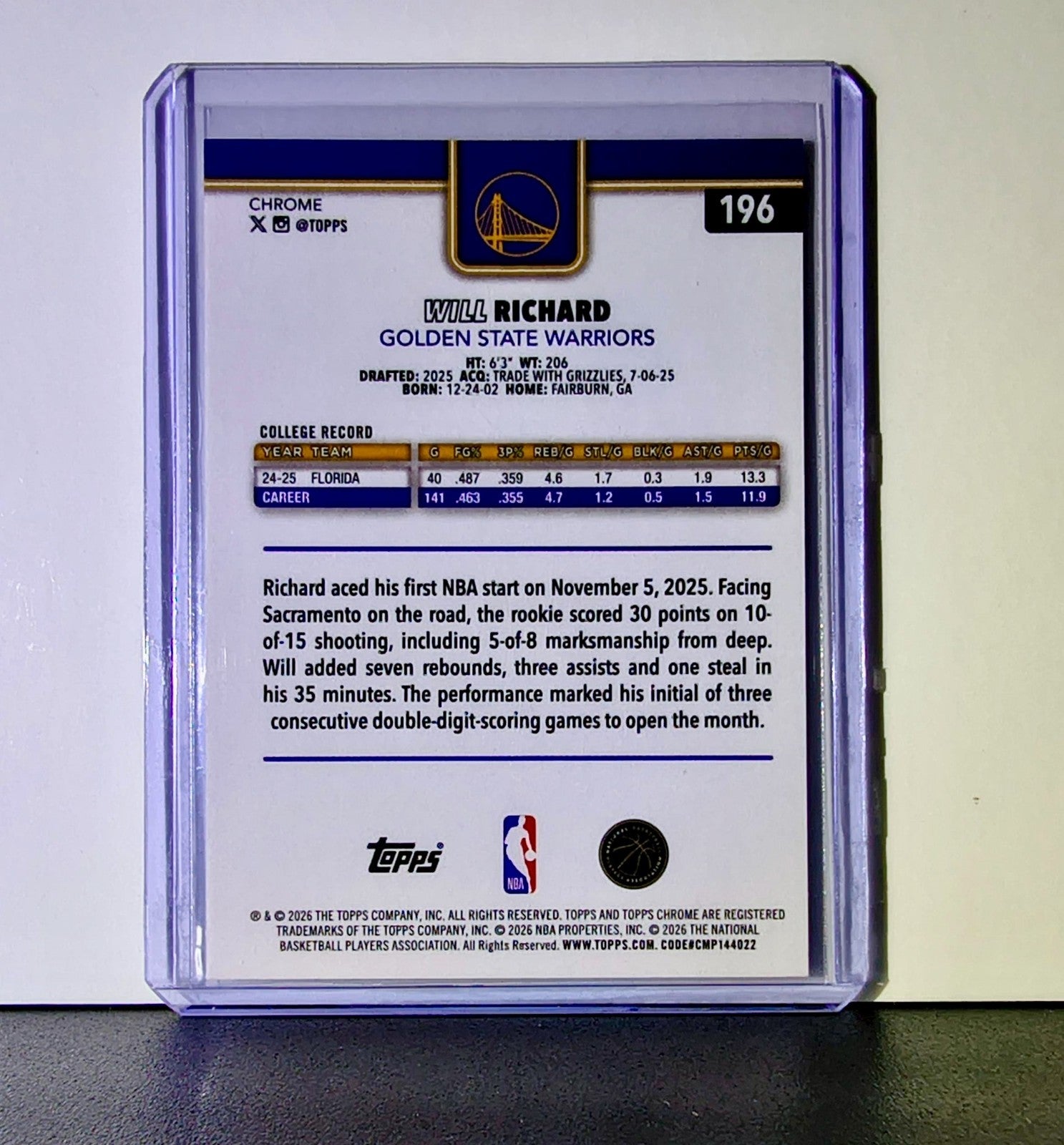 Will Richard Rookie 2025-26 NBA Topps Chrome Update #196 Card State Warriors