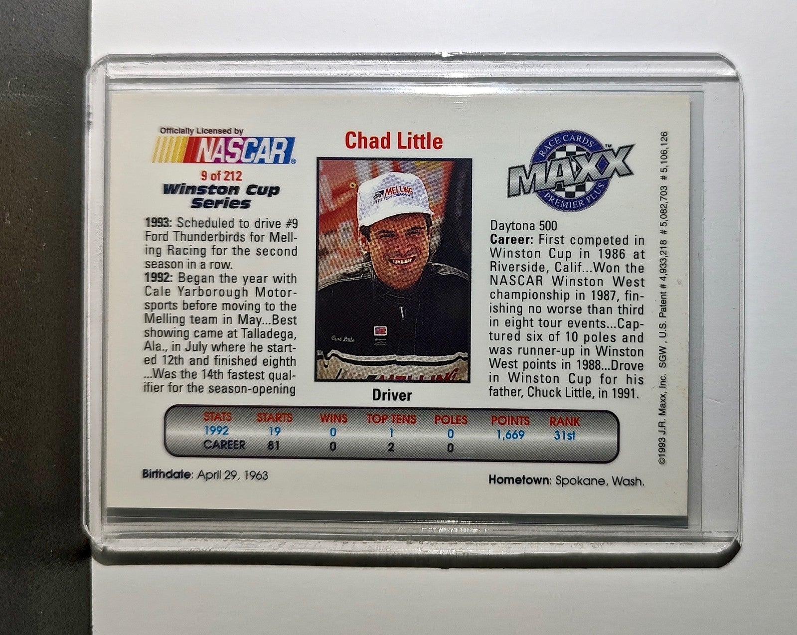 Chad Little 1993 Maxx Premier Plus Racing #9 NASCAR Card Melling Racing