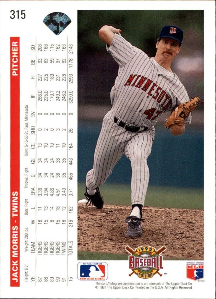 Jack Morris 1992 Upper Deck MLB #315 Baseball Card Minnesota Twins