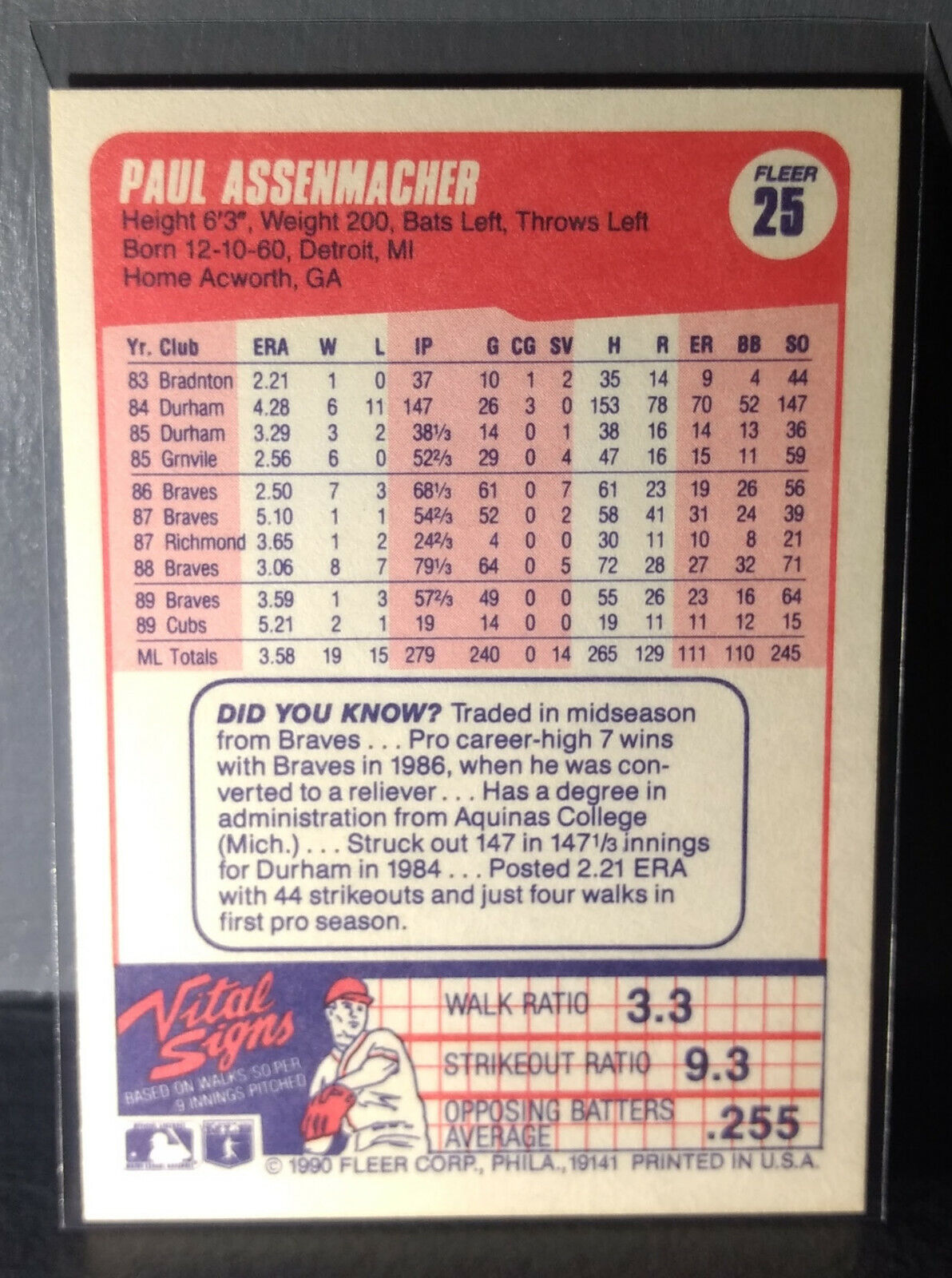 1990 Paul Assenmacher Fleer Baseball Card #25