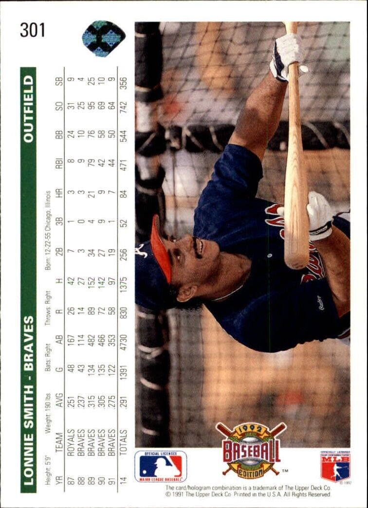 Lonnie Smith 1992 Upper Deck MLB #301 Baseball Card Atlanta Braves