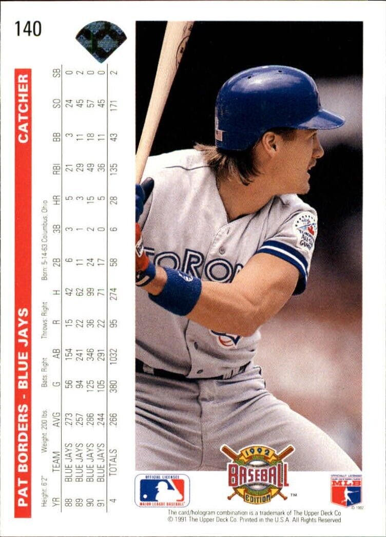Pat Borders 1992 Upper Deck MLB #140 Baseball Card Toronto Blue Jays