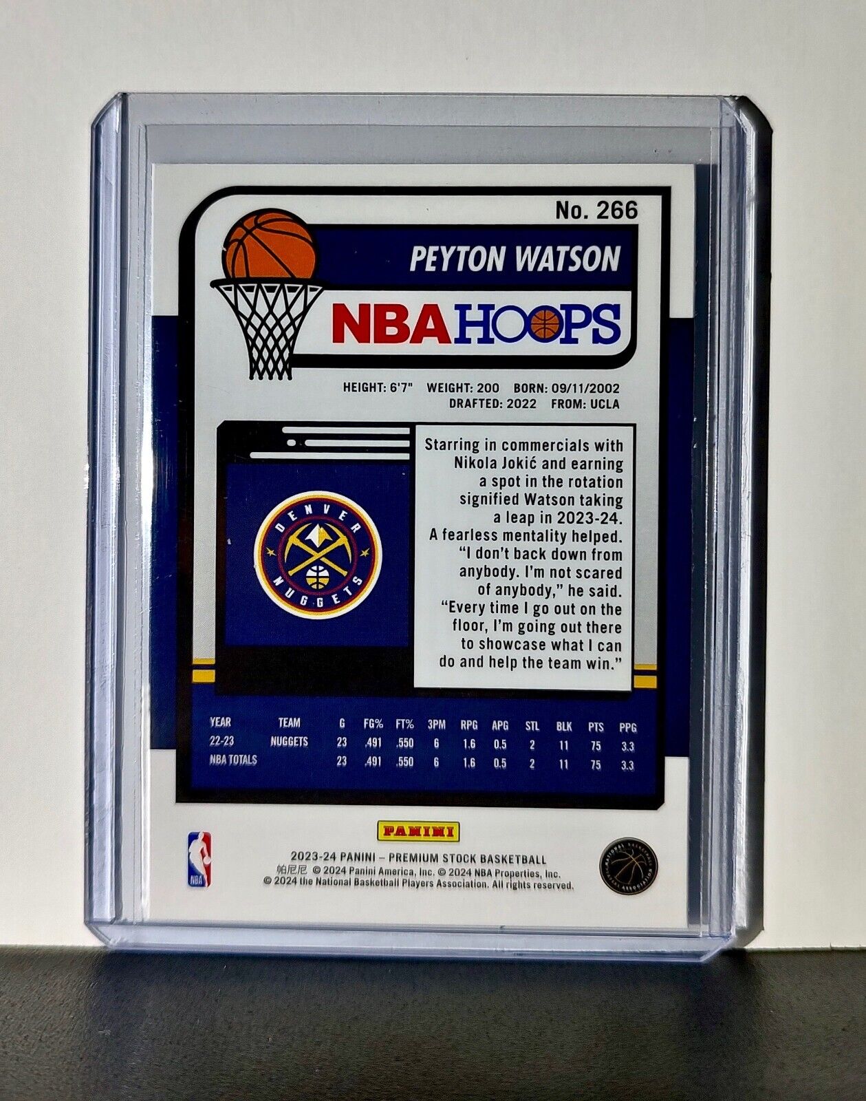 Peyton Watson 2023-24 Panini Premium Stock NBA Hoops #266 Card Denver Nuggets