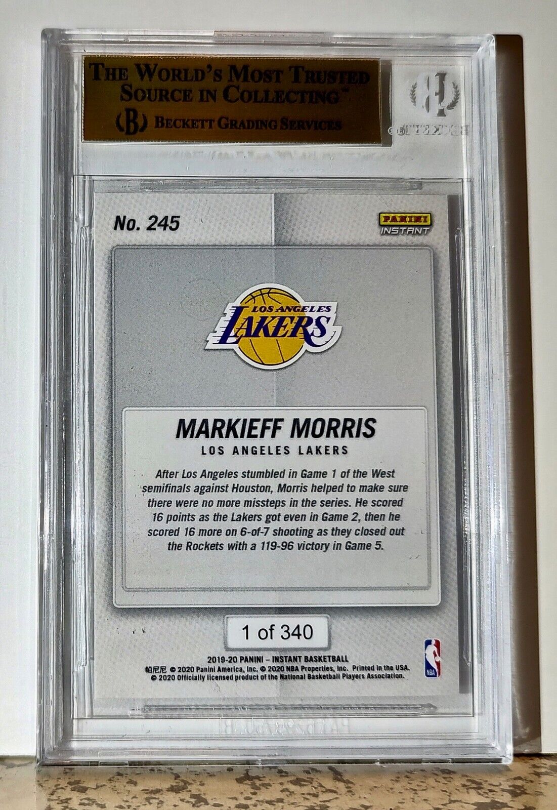 Markieff Morris 2019-20 Panini NBA #245 Basketball 1 of 340 BGS 9.5 Gem Lakers