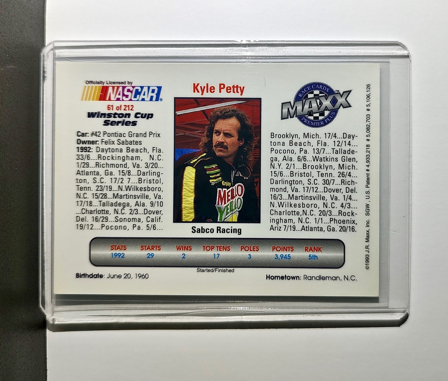 Kyle Petty 1993 Maxx Premier Plus Racing #61 NASCAR Card SABCO Racing