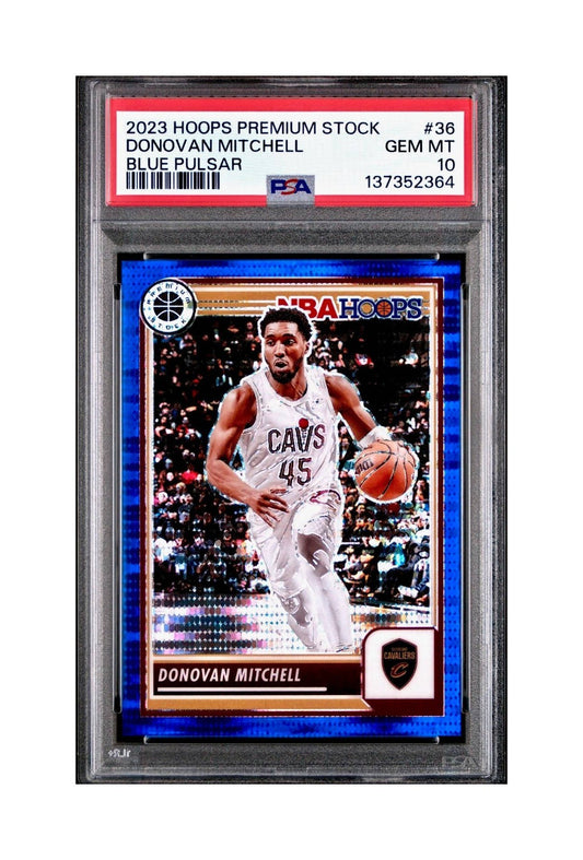 Donovan Mitchell 2023 Panini Hoops Premium #36 04/75 Blue Pulsar PSA 10 Gem Mint
