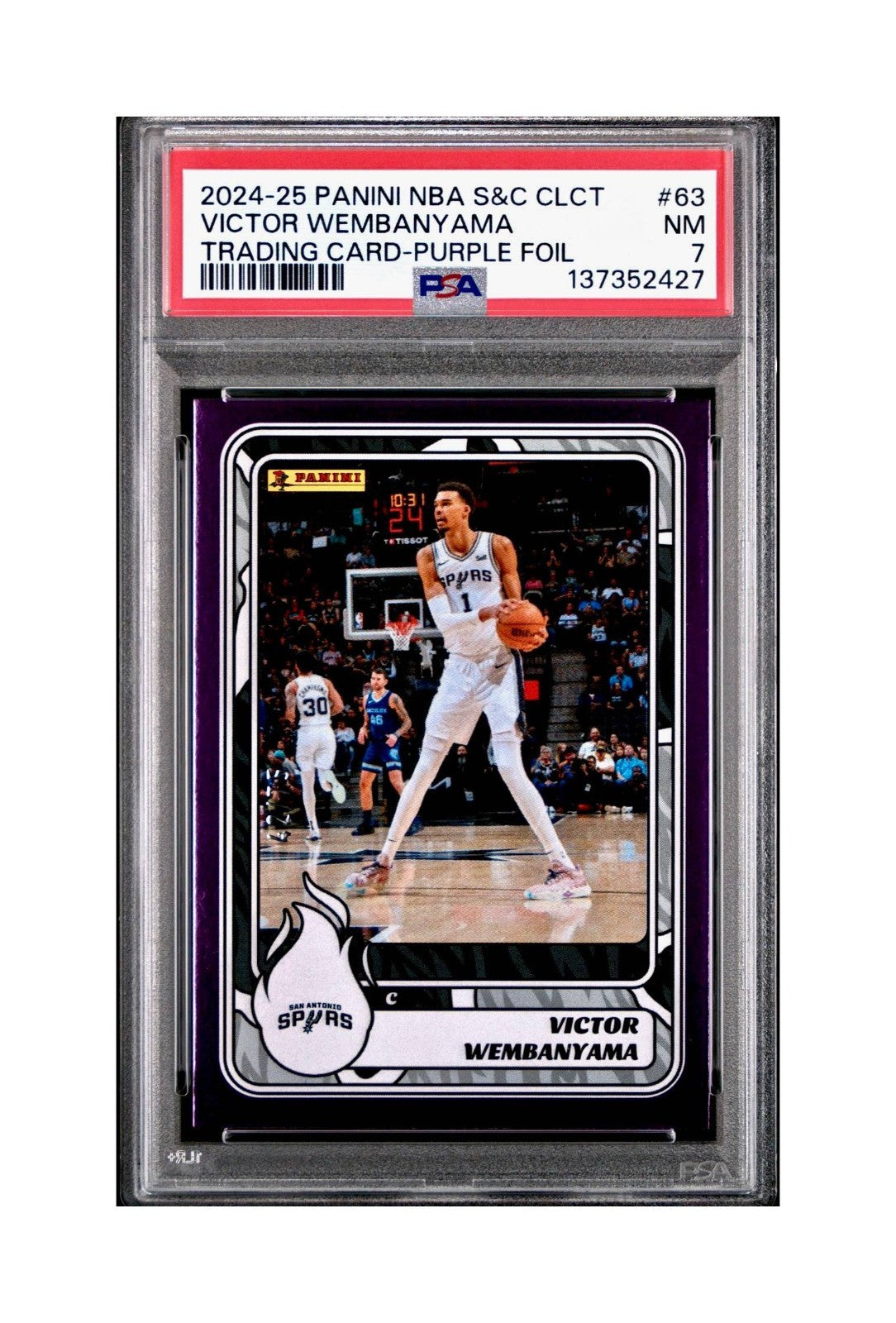 Victor Wembanyama 2024-25 Panini NBA #63 Sticker 42/75 Purple Foil PSA 7 NM