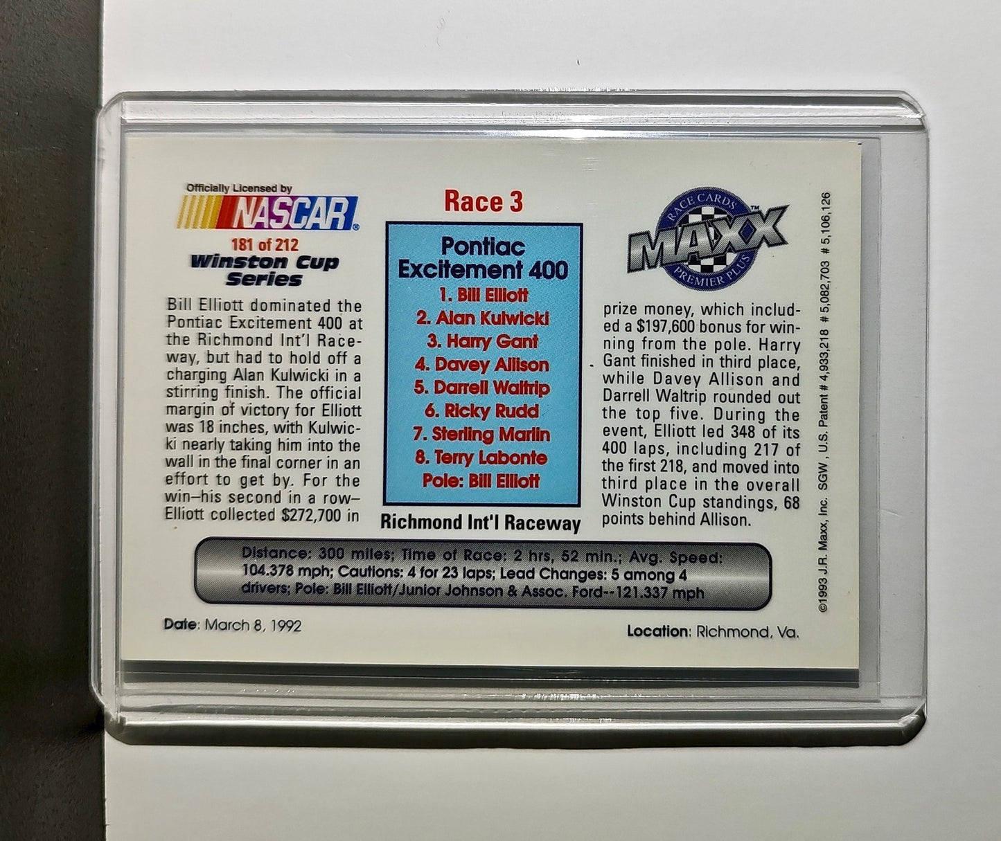 Race 3 Richmond YR 1993 Maxx Premier Plus Racing #181 NASCAR Card Junior Johnson