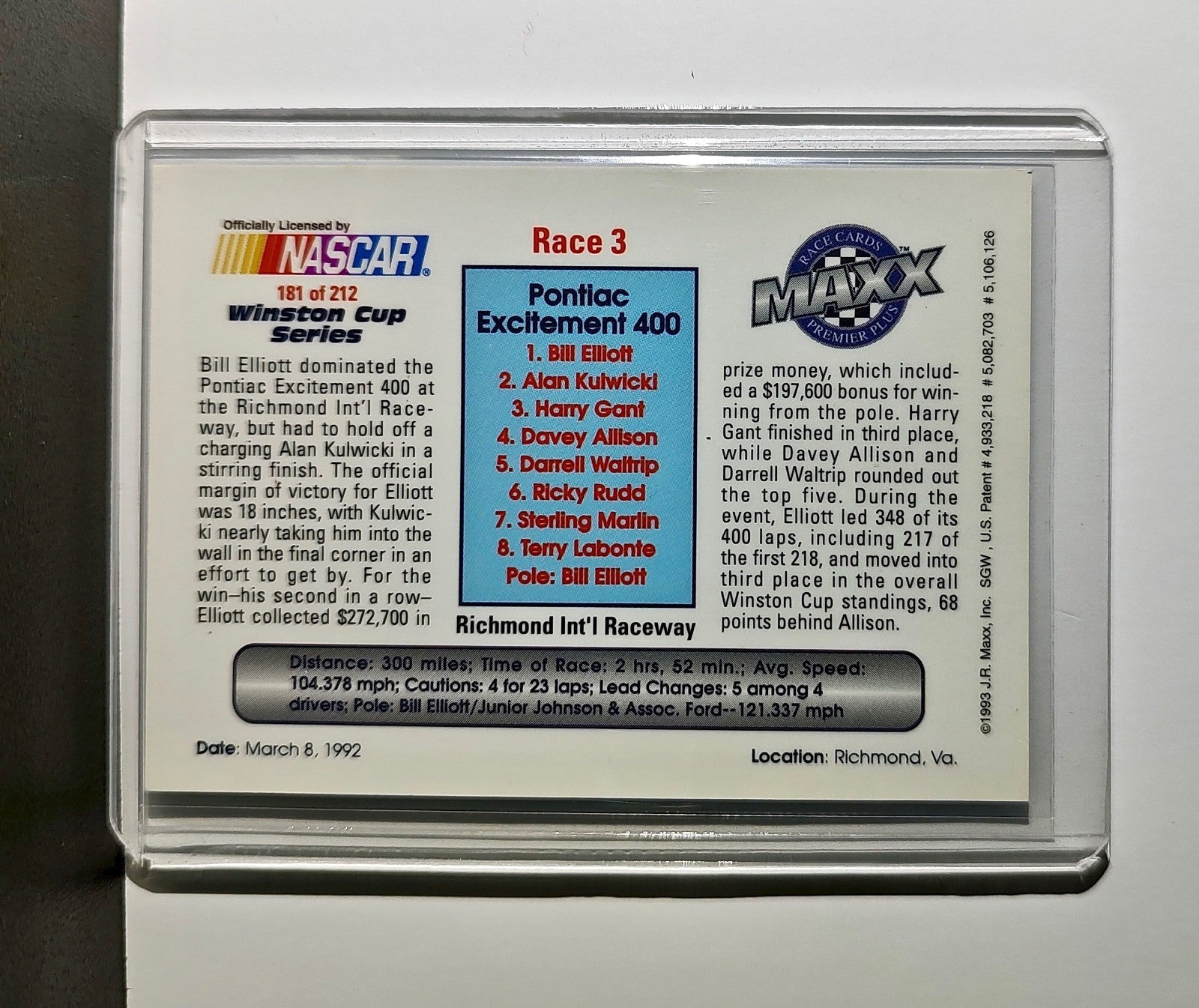 Race 3 Richmond YR 1993 Maxx Premier Plus Racing #181 NASCAR Card Junior Johnson