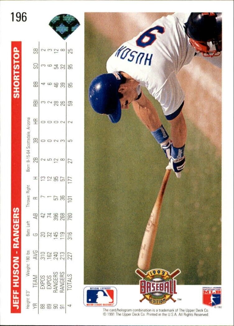 Jeff Huson 1992 Upper Deck MLB #196 Baseball Card Texas Rangers