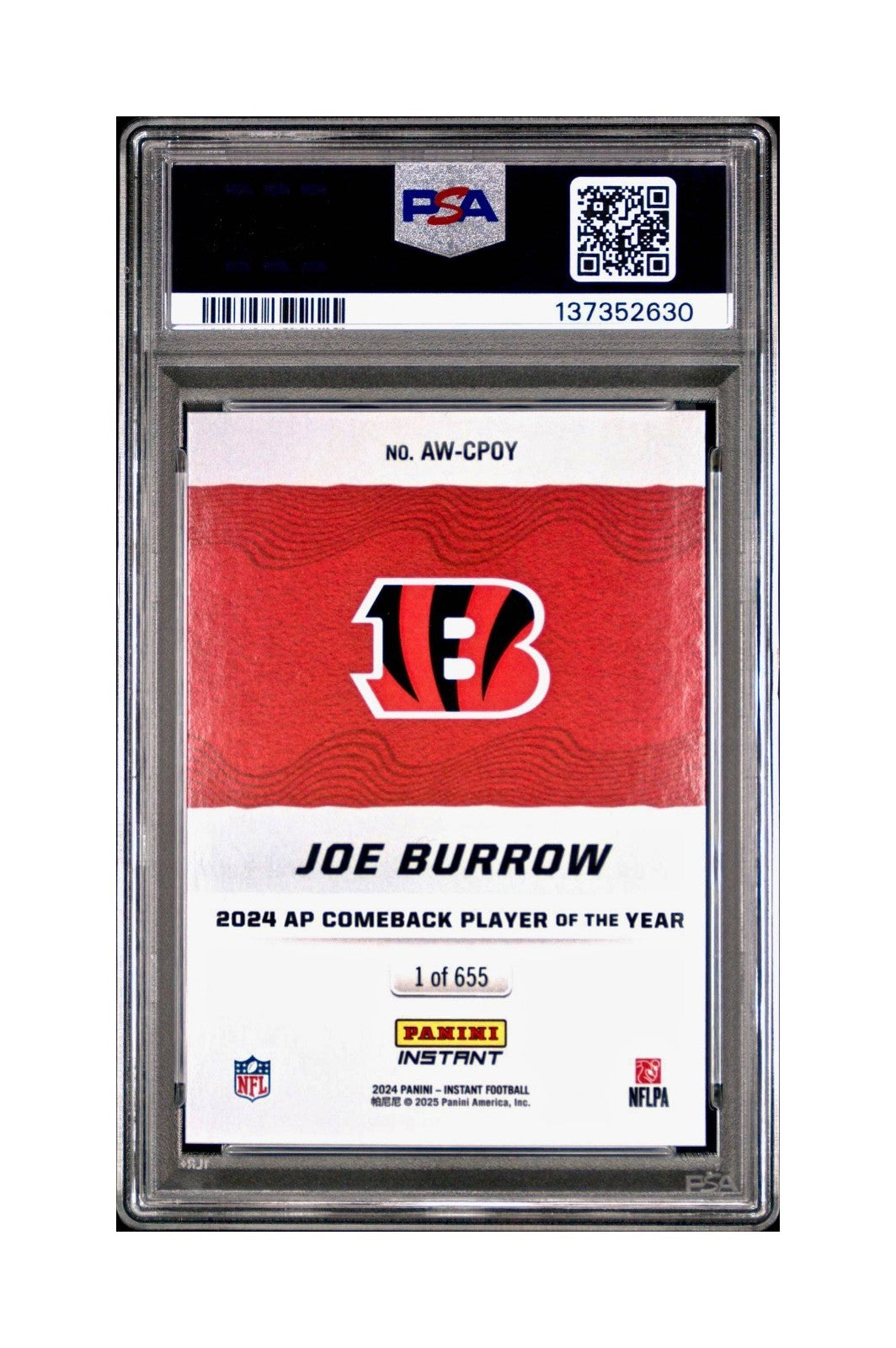Joe Burrow 2024 Panini NFL AP Comeback Player of the Year Bengals PSA 9 Mint