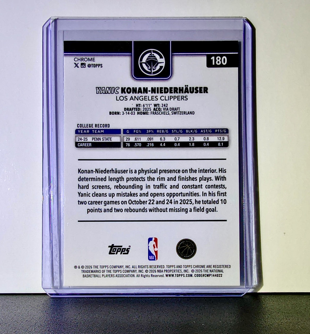 Yanic Konan Niederhäuser Rookie 2025-26 NBA Topps Chrome Update #180 Card