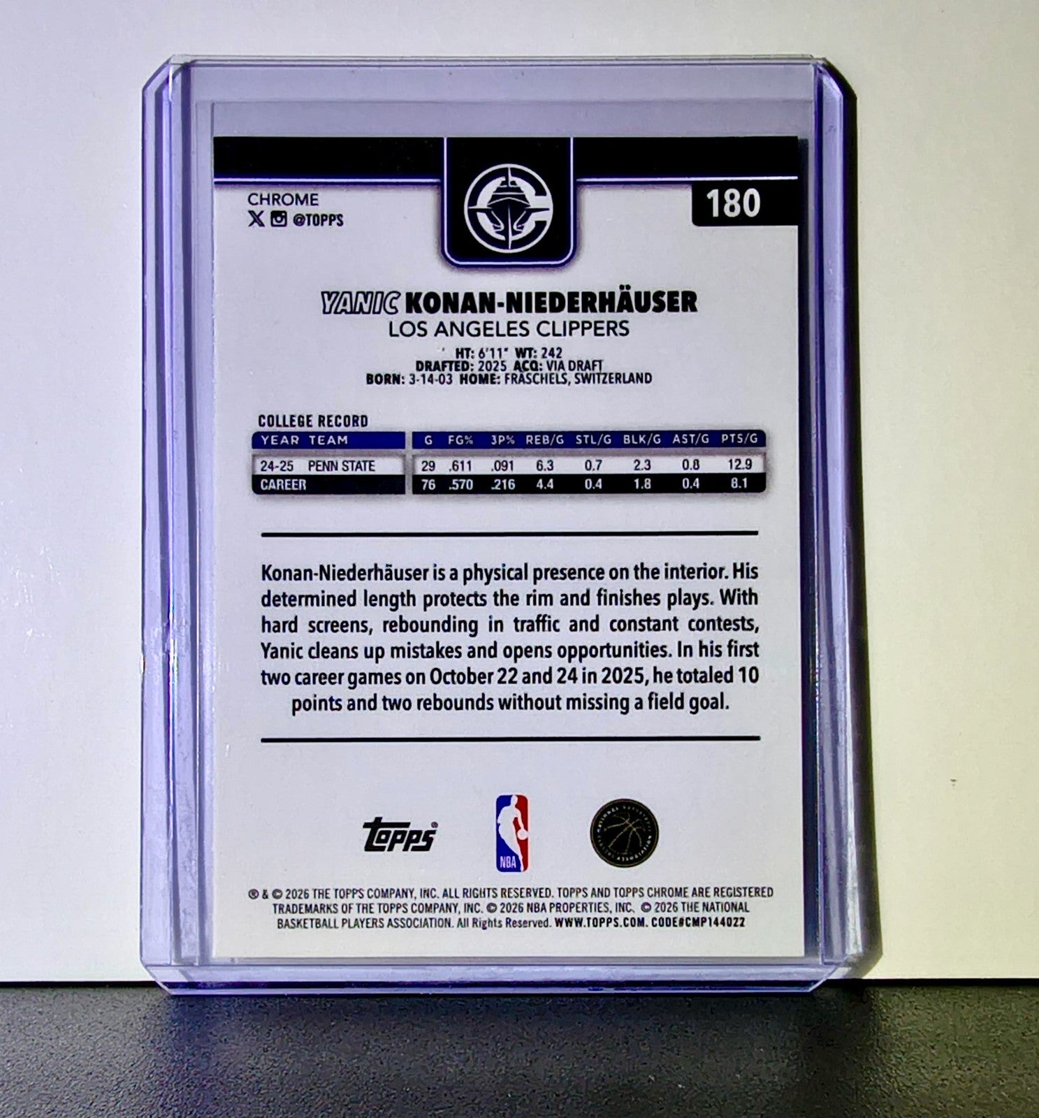 Yanic Konan Niederhäuser Rookie 2025-26 NBA Topps Chrome Update #180 Card