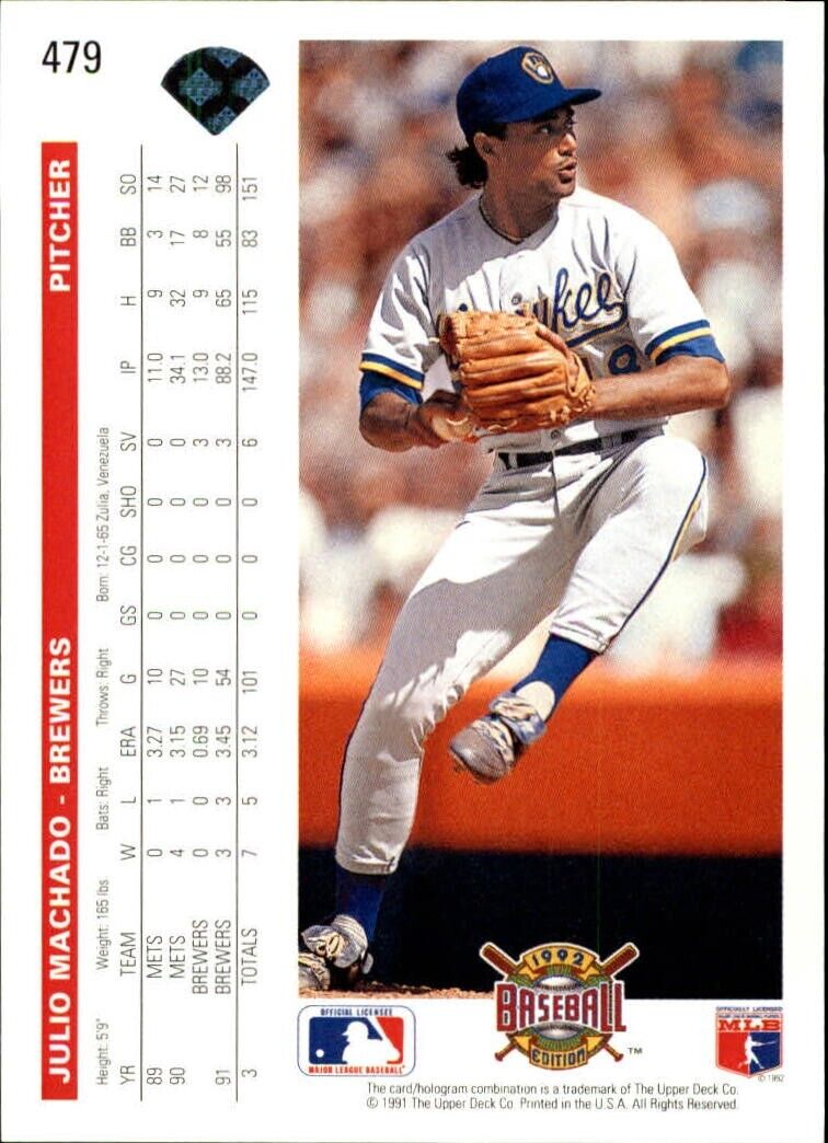Julio Machado 1992 Upper Deck MLB #479 Baseball Card Milwaukee Brewers