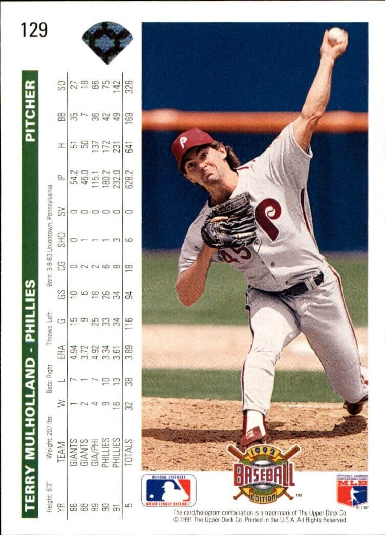 Terry Mulholland 1992 Upper Deck MLB #129 Baseball Card Philadelphia Phillies