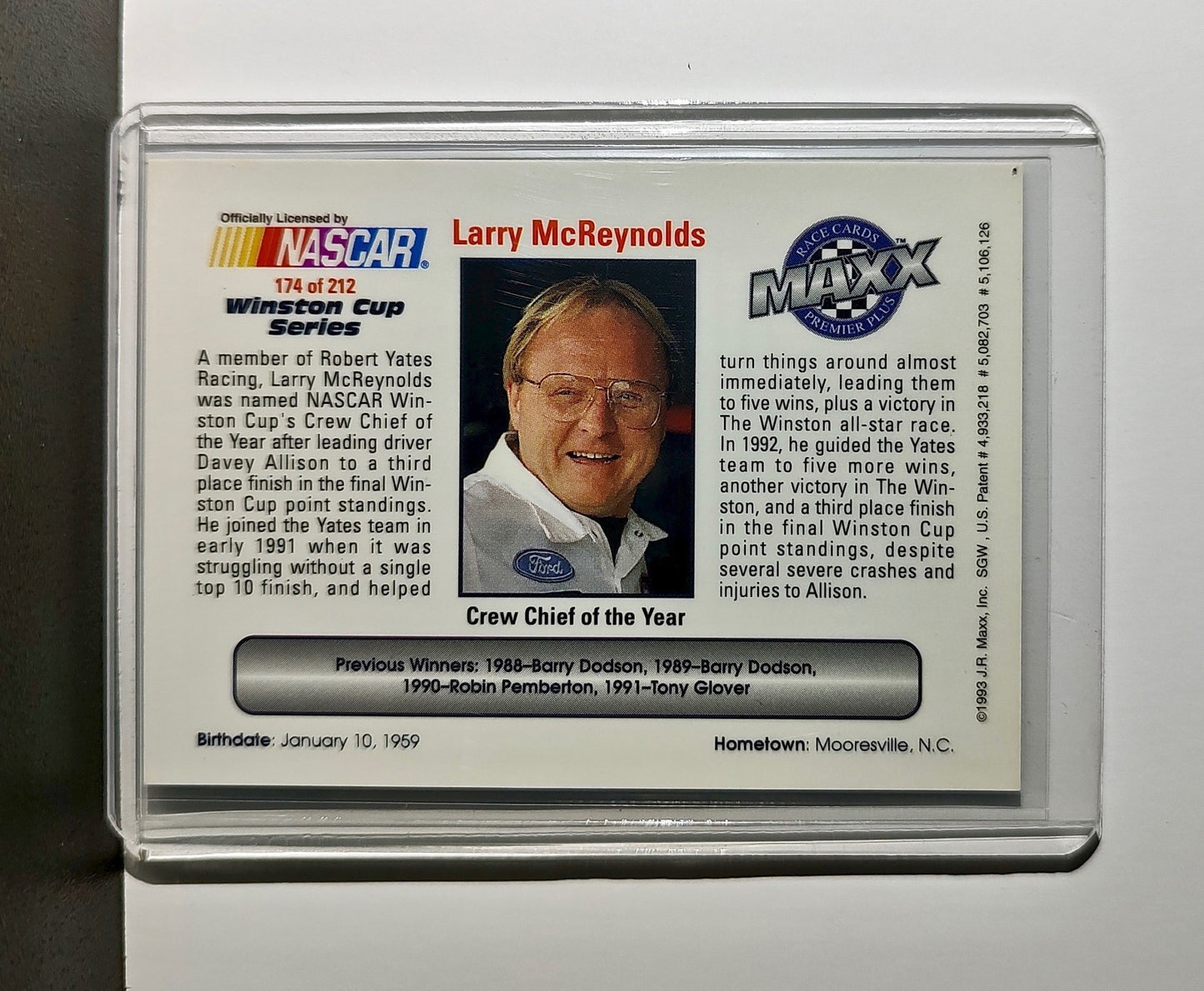 Crew Chief of the Year 1993 Maxx Premier Plus Racing #174 NASCAR Card