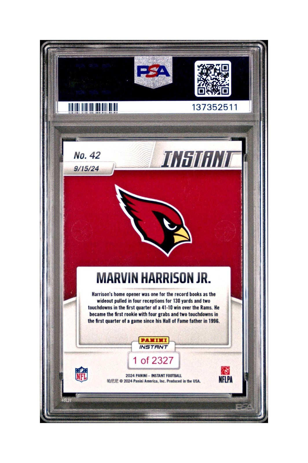 Marvin Harrison Jr. Rookie 2024 Panini Instant NFL #42 PSA 10 Gem Mint