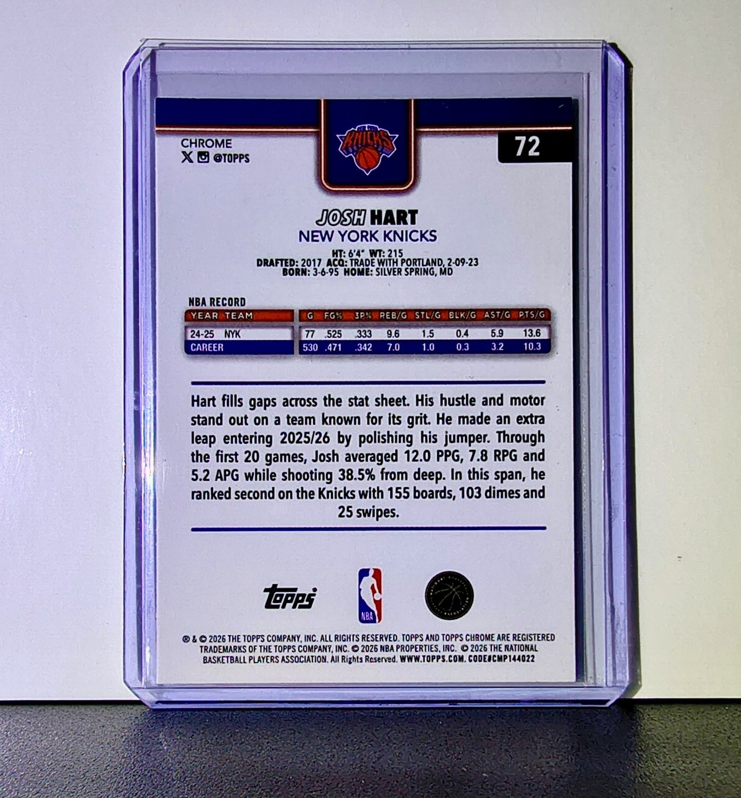Josh Hart 2025-26 NBA Topps Chrome Update #72 Basketball Card New York Knicks