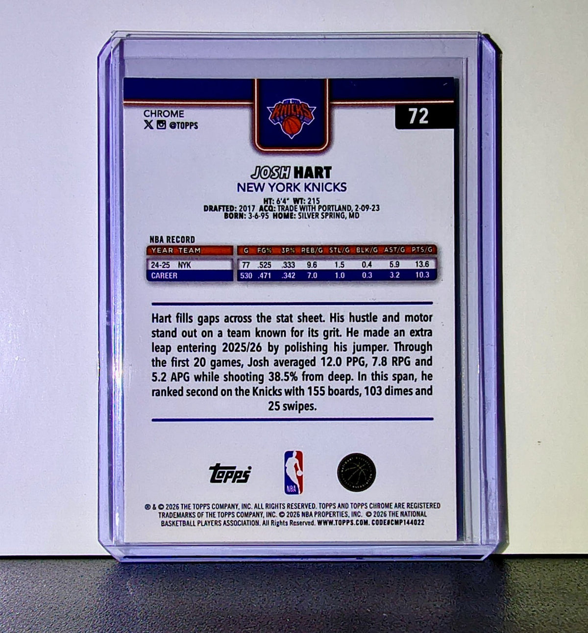 Josh Hart 2025-26 NBA Topps Chrome Update #72 Basketball Card New York Knicks
