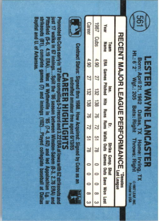 1988 Les Lancaster Donruss Baseball Card #561