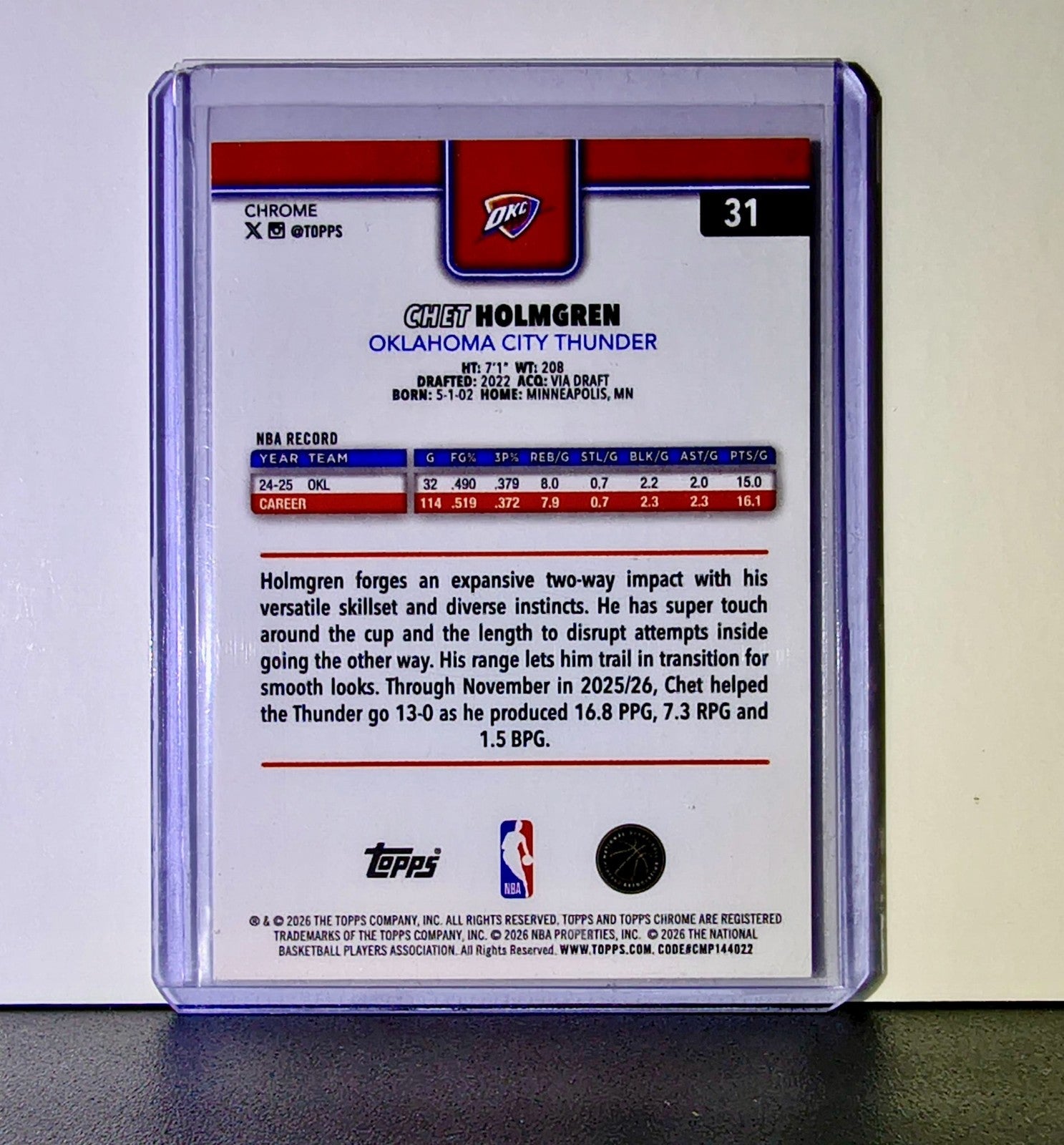 Chet Holmgren 2025-26 NBA Topps Chrome Update X-Fractor #31 Card Thunder