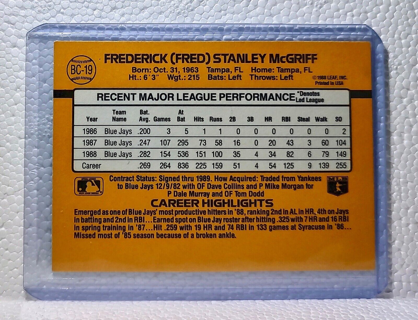 Fred MccGriff 1989 Donruss MLB #BC-19 Baseball Card Toronto Blue Jays