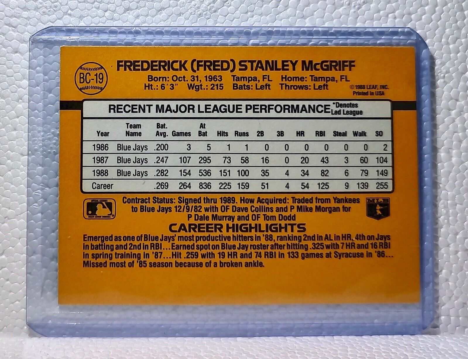 Fred MccGriff 1989 Donruss MLB #BC-19 Baseball Card Toronto Blue Jays