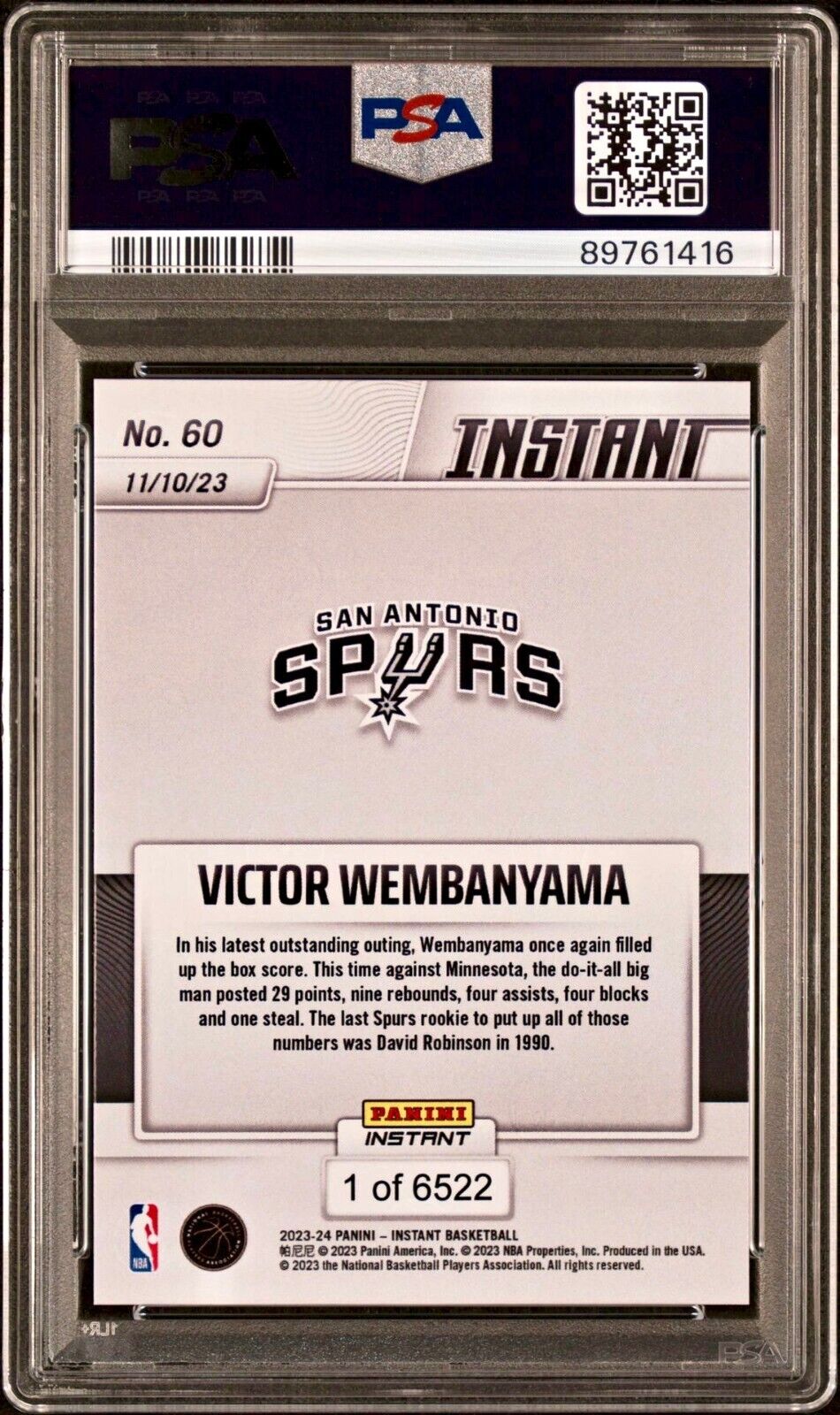 Victor Wembanyama 2023-24 Panini #60 NBA Rookie Card 1 of 6522 PSA 10 Gem Mint