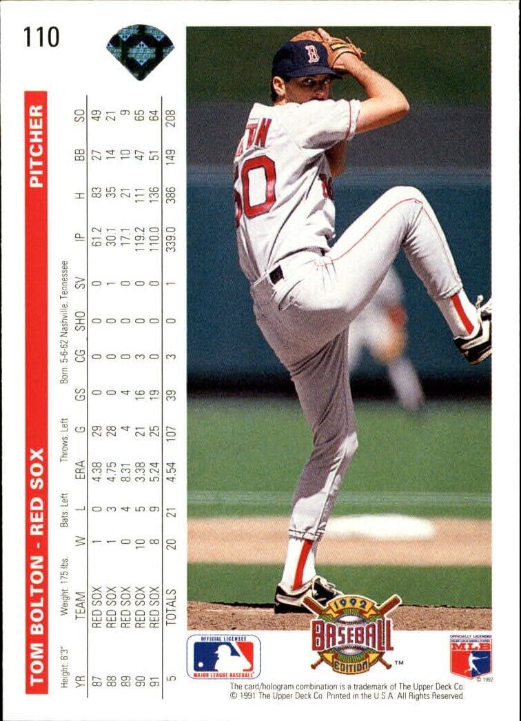 Tom Bolton 1992 Upper Deck MLB #110 Baseball Card Boston Red Sox