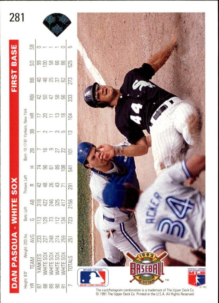 Dan Pasqua 1992 Upper Deck MLB #281 Baseball Card Chicago White Sox