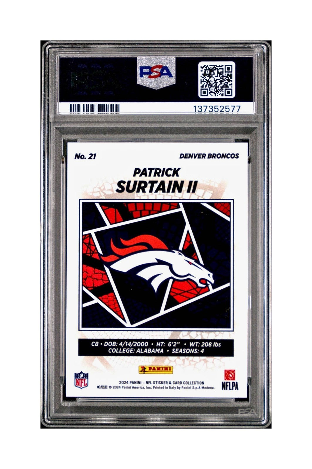 Patrick Surtain II Rookie 2024 Panini Sticker 240/299 #21 Red Foil PSA 8 NM-MT