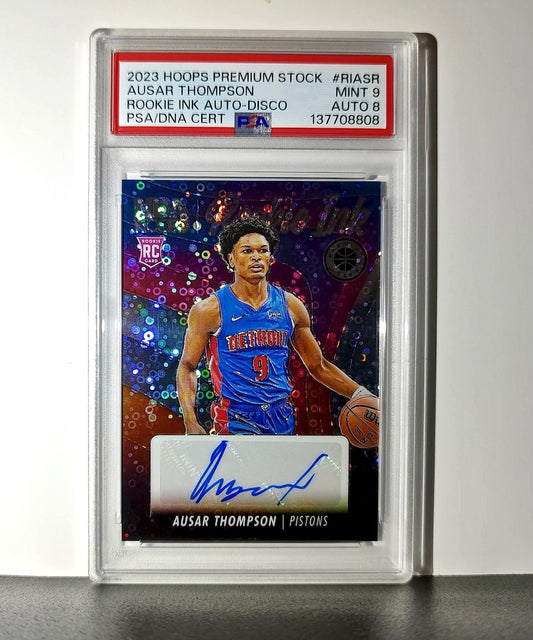 Ausar Thompson 2023 NBA Hoops #RI-ASR Rookie Ink Prizm Disco Ball PSA 9 Auto 8