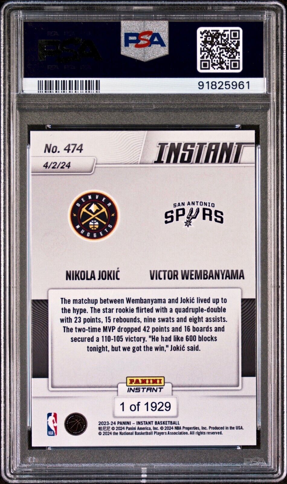 Nikola Jokic / Victor Wembanyama 2023-24 Panini #474 NBA Card 1 of 1929 PSA 9