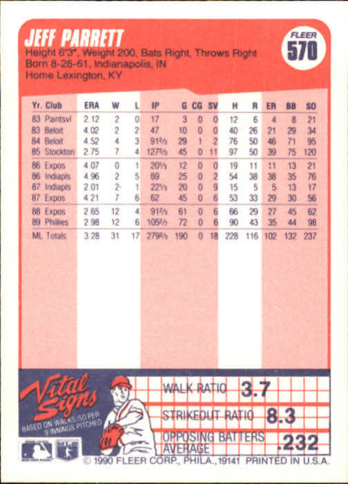 1990 Jeff Parrett Fleer Baseball Card #570
