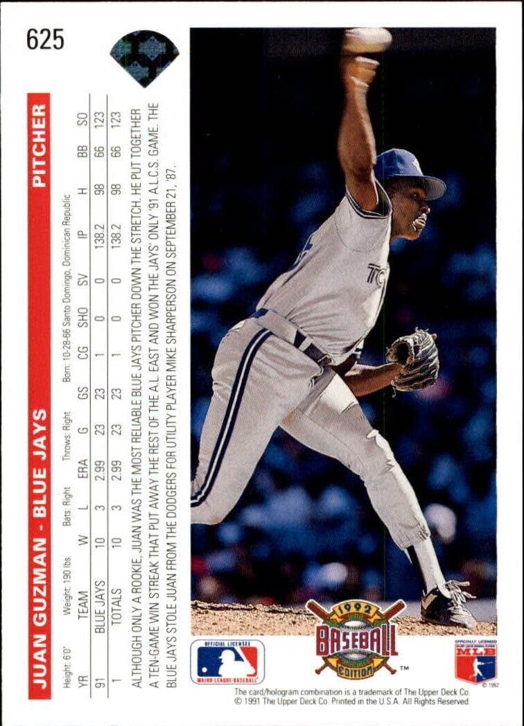 Juan Guzman 1992 Upper Deck MLB #625 Baseball Card Toronto Blue Jays