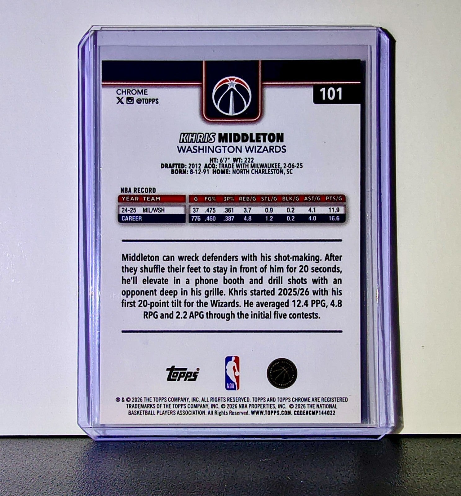 Khris Middleton 2025-26 NBA Topps Chrome Update #101 Card Washington Wizards