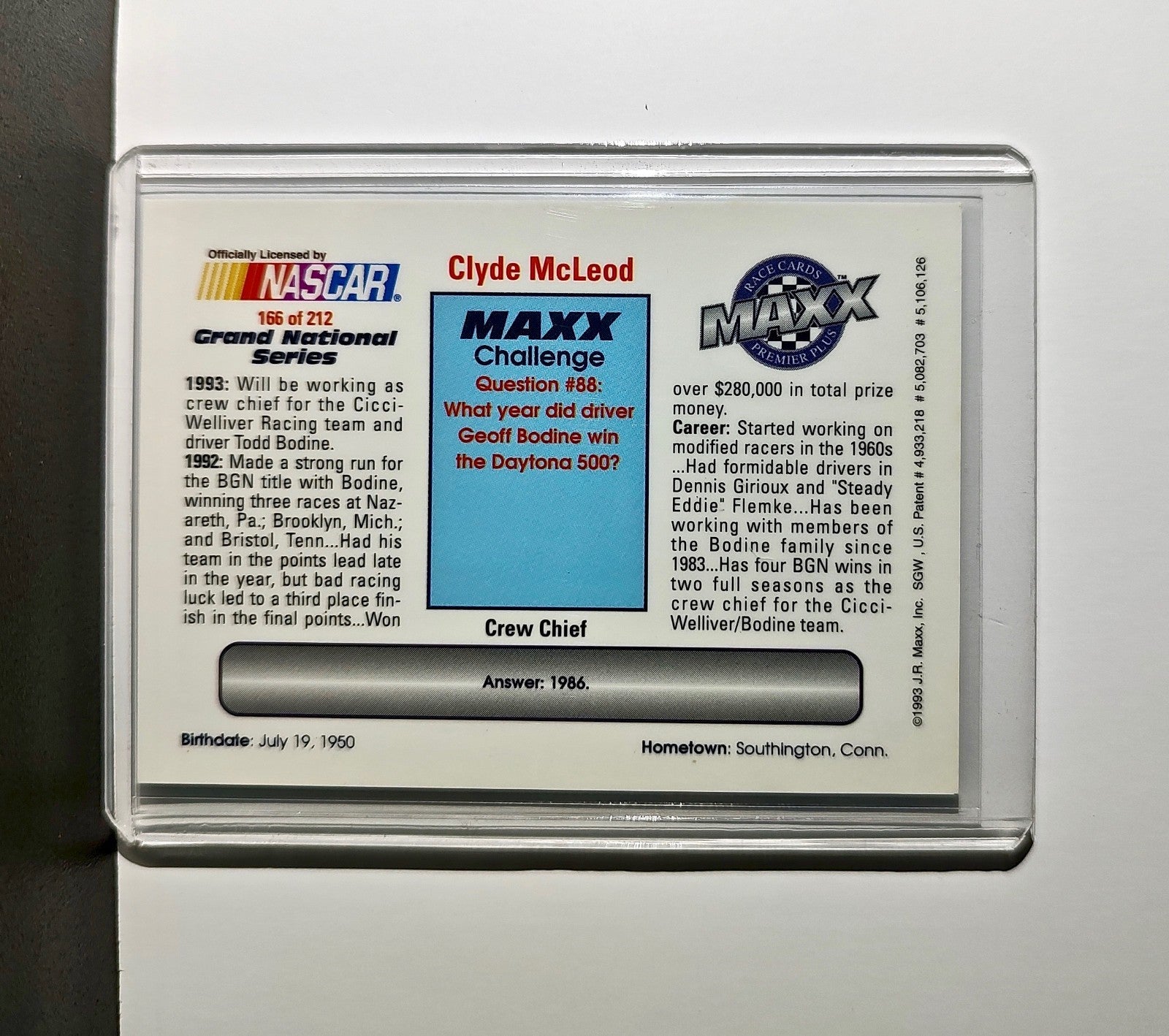 Clyde McLeod 1993 Maxx Premier Plus Racing #166 NASCAR Card Team 34 Racing