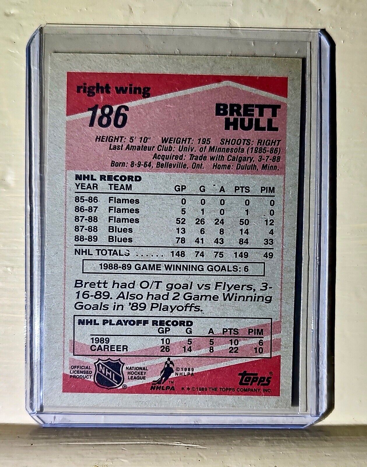 Brett Hull 1989 Topps #186 Hockey Card St. Louis Blues