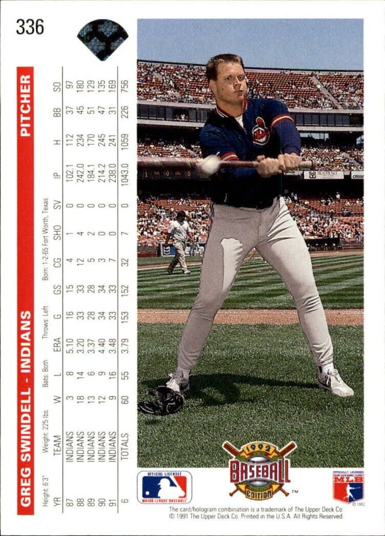 Greg Swindell 1992 Upper Deck MLB #336 Baseball Card Cleveland Indians