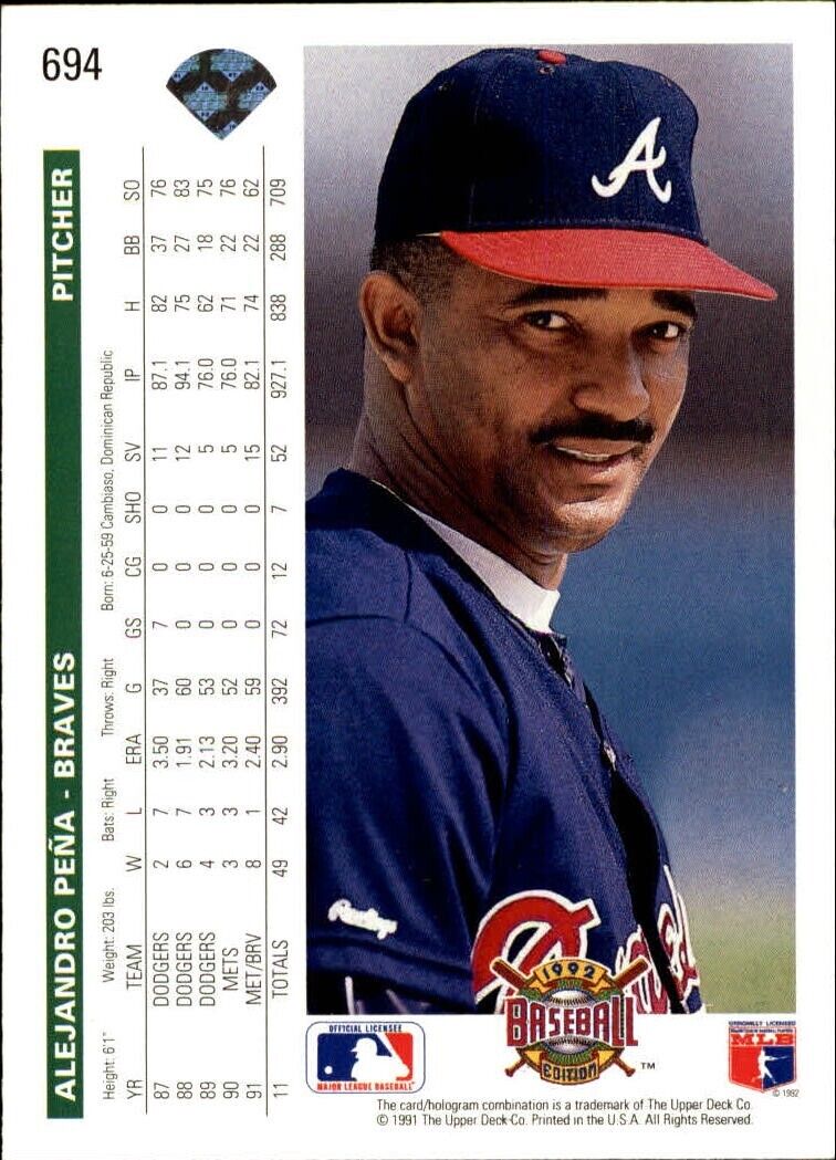 Alejandro Pena 1992 Upper Deck MLB #694 Baseball Card Atlanta Braves
