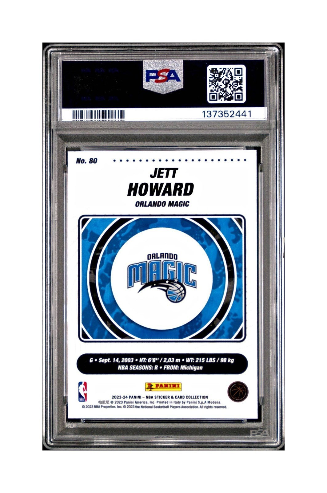 Jett Howard 2023-24 Sticker 005/050 Orange Foil 80 PSA 7 NM