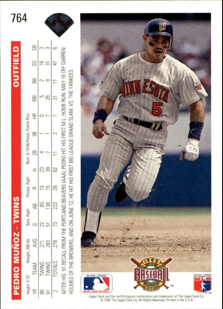 Pedro Munoz 1992 Upper Deck MLB #764 Baseball Card Minnesota Twins