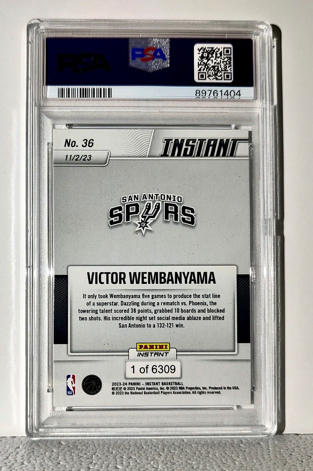 Victor Wembanyama 2023-24 Panini #36 NBA Rookie Card Spurs 1 of 6309 PSA 9 Mint