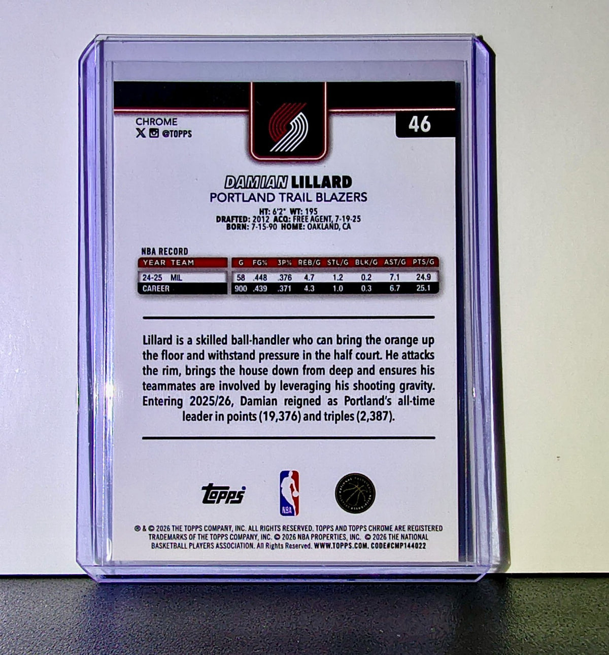 Damian Lillard 2025-26 NBA Topps Chrome Update #46 Card Portland Trail Blazers
