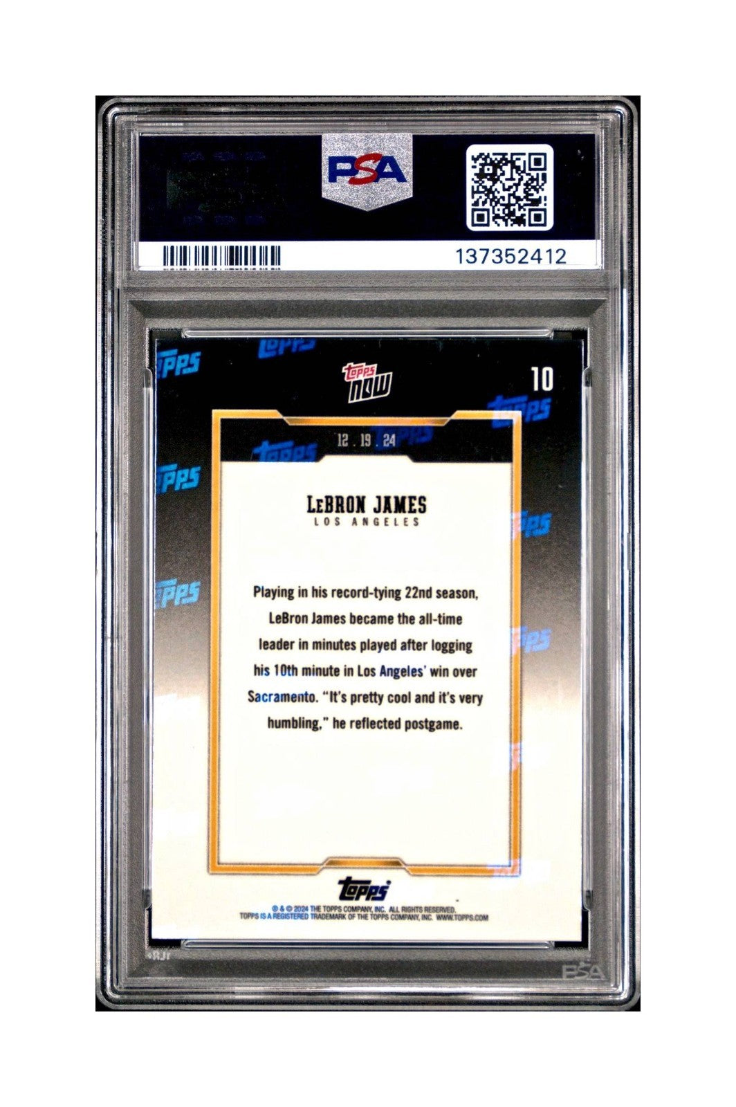 LeBron James 2024 Topps Now #10 All-Time Leader Minutes Played Gold 10/50 PSA 9