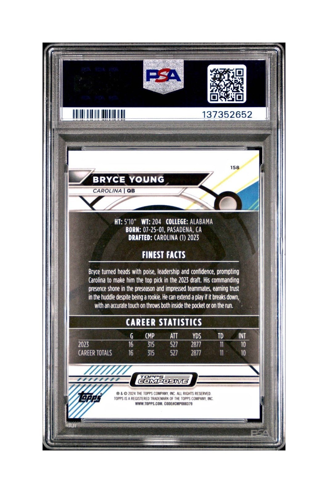 Bryce Young 2023 Topps Finest 069/150 Purple Checkerboard Refractor #158 PSA 10