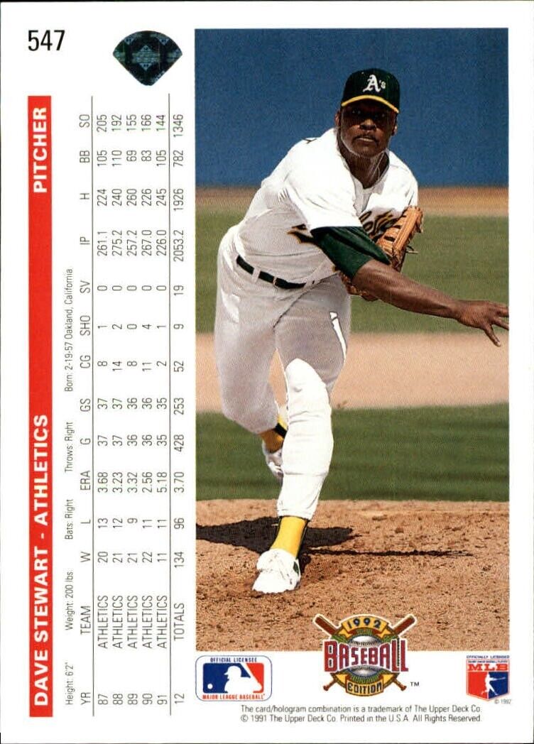 Dave Stewart 1992 Upper Deck MLB #547 Baseball Card Oakland Athletics