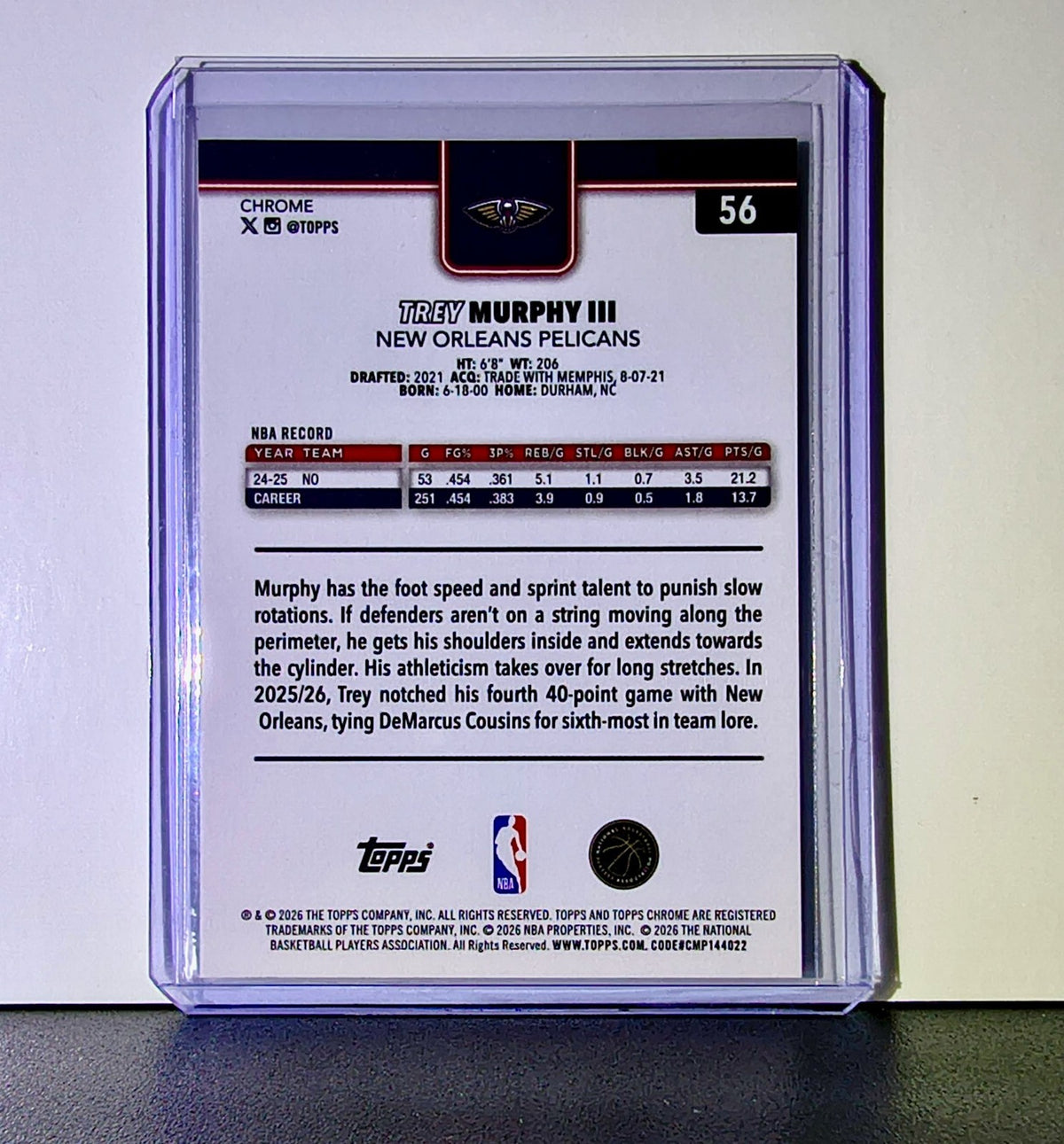 Trey Murphy III 2025-26 NBA Topps Chrome Update #56 Card New Orleans Pelicans