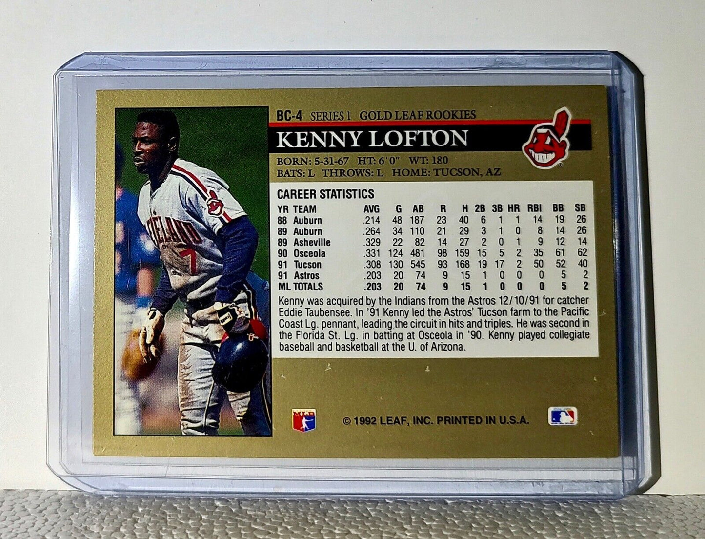 Kenny Lofton 1992 Leaf #BC-4 Gold Leaf Rookies MLB Card Cleveland Indians